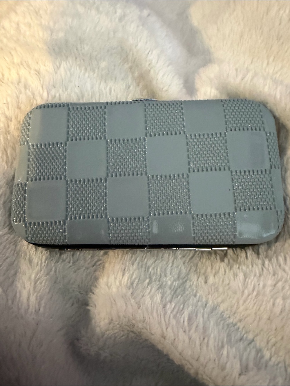 Checker-Pattern Manicure Tool Clutch in Light Blue
